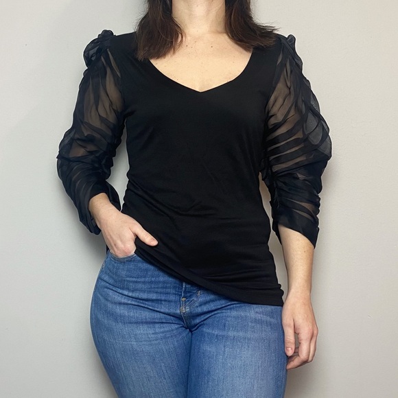 Katharine Kidd Pleated Sheer Sleeve Black Top - Picture 2 of 10